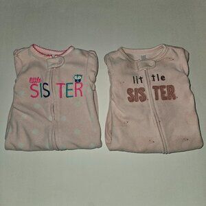 2 Little Sister Pink Fleece Footie Pajamas Lot 0-3 3 Months Carter's Baby Girl